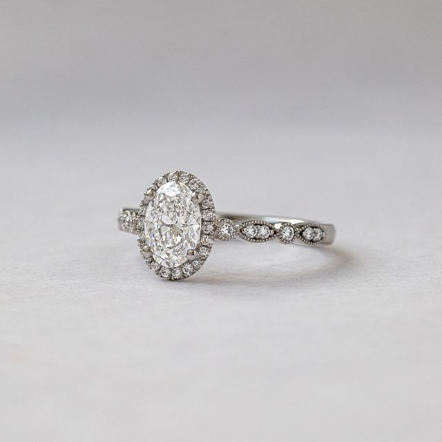 1.00 Carat Oval Diamond Band Halo White Gold Engagement Ring - Amber