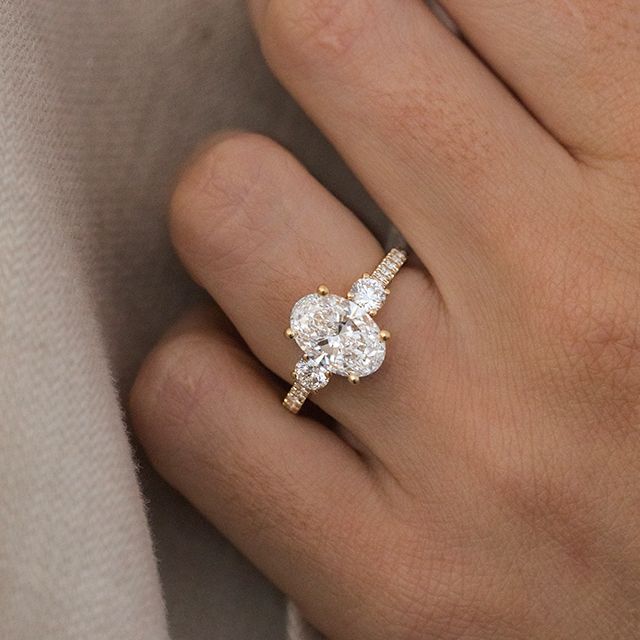 2.80 Carat Oval Diamond Trilogy Yellow Gold Engagement Ring - Crown