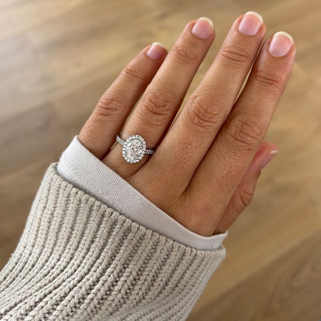 1.50 Carat Oval Diamond Band Halo White Gold Engagement Ring - Maya