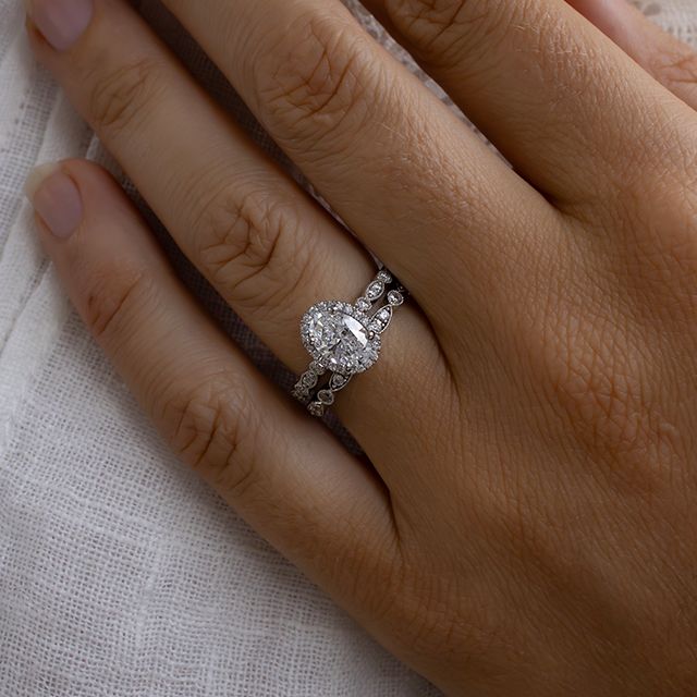 1.00 Carat Oval Diamond Band Halo White Gold Engagement Ring - Amber