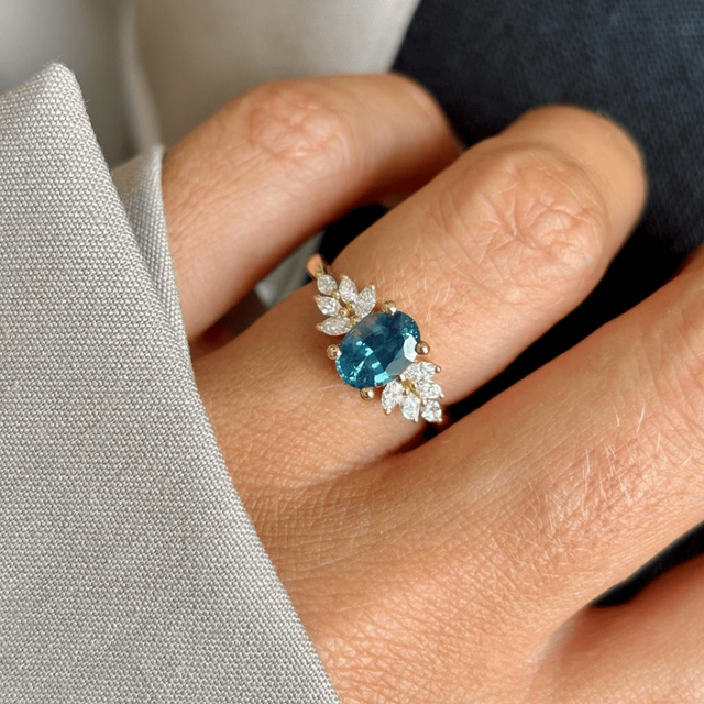 1.60 Carat Oval Natural Teal Sapphire Cluster Ring In Yellow Gold - Anastasia