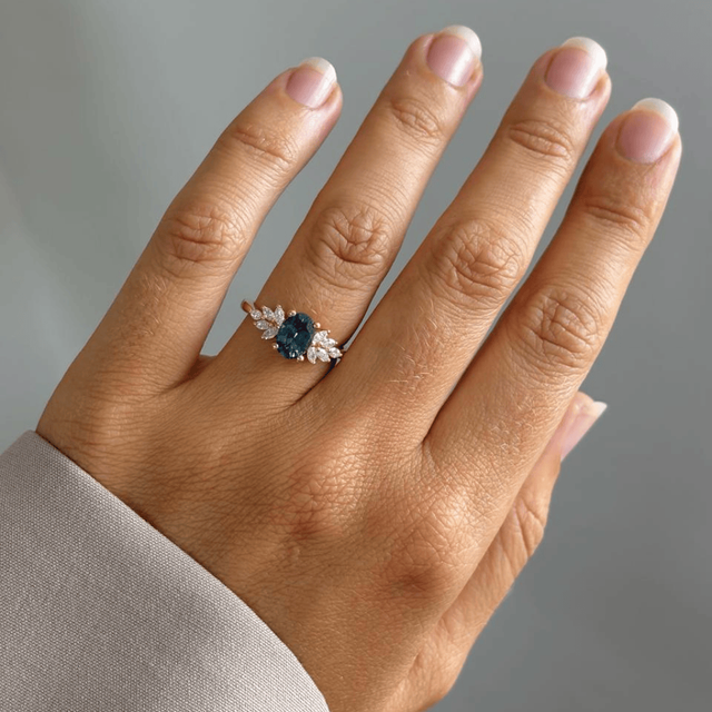 1.60 Carat Oval Natural Teal Sapphire Cluster Ring In Yellow Gold - Anastasia