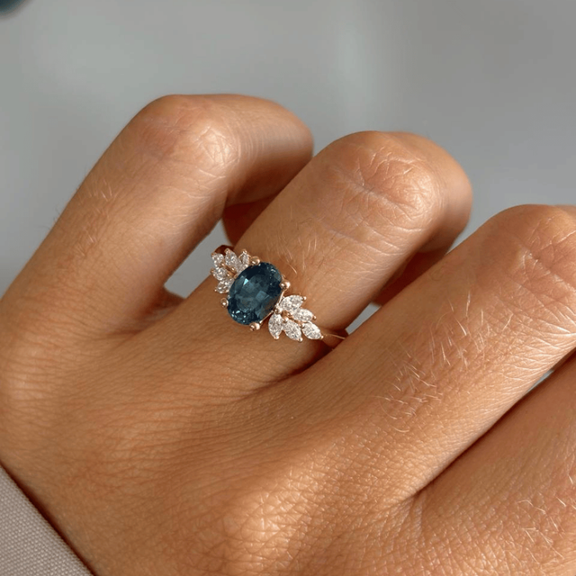 1.60 Carat Oval Natural Teal Sapphire Cluster Ring In Yellow Gold - Anastasia