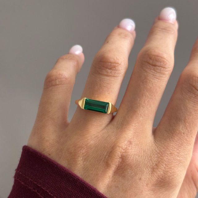 1.98 Carat Baguette Cut Green Emerald 18k Yellow Gold Bespoke Engagement Ring