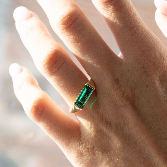 1.98 Carat Baguette Cut Green Emerald 18k Yellow Gold Bespoke Engagement Ring