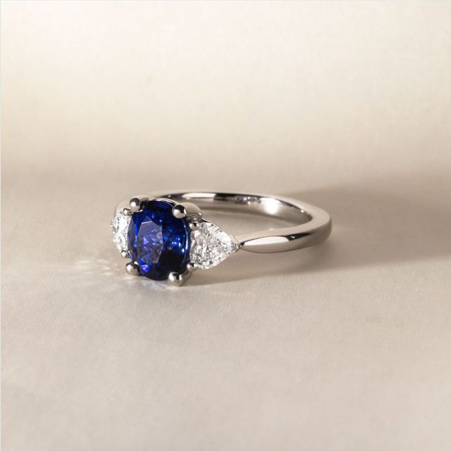 2.30 Carat Oval Blue Sapphire Trilogy Engagement Ring In Platinum - Venus Bespoke