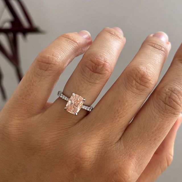 2.50 Carat Fancy Pink Elongated Cushion Diamond Band Platinum Engagement Ring - Bespoke