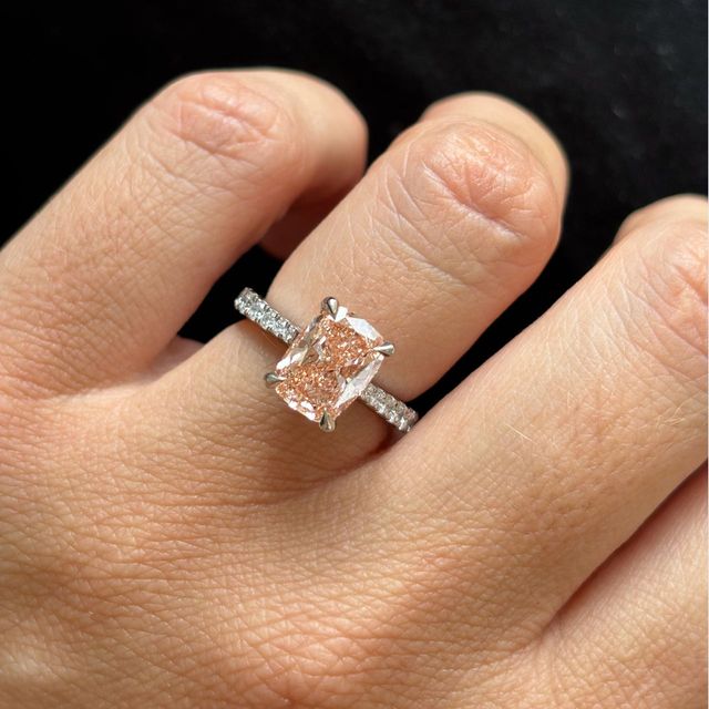 2.50 Carat Fancy Pink Elongated Cushion Diamond Band Platinum Engagement Ring - Bespoke