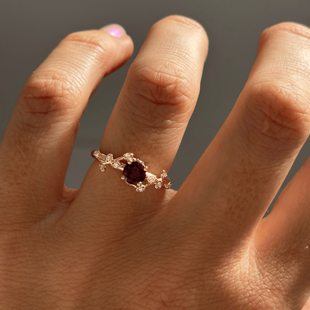 0.67 Carat Round Ruby Floral Engagement Ring In Yellow Gold - Secret Garden