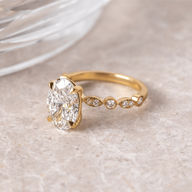2.50 Carat Oval Milgrain Diamond Band Yellow Gold Engagement Ring - Laura