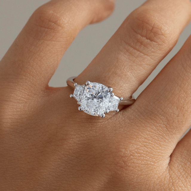 3.00 Carat Lab Grown Cushion Diamond Trilogy Engagement Ring In Platinum - Treya