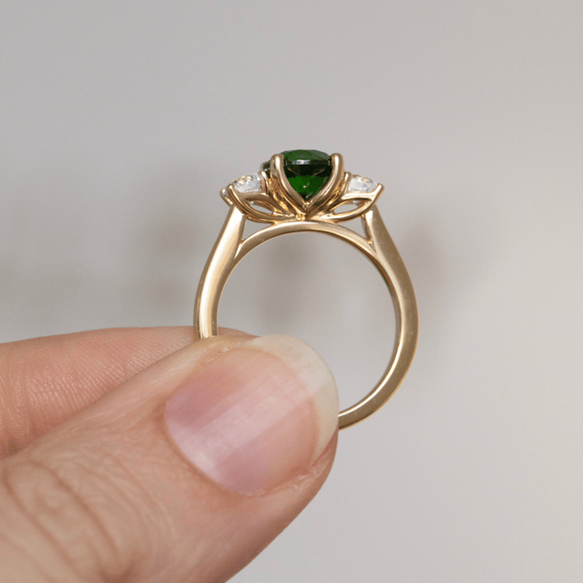 1.85 Carat Round Demantoid Garnet Trilogy Engagement Ring In Yellow Gold - Rohini