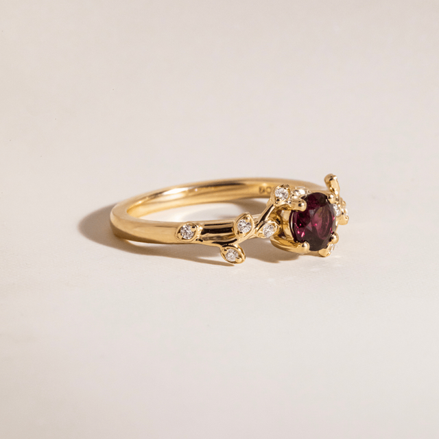 0.67 Carat Round Ruby Floral Engagement Ring In Yellow Gold - Secret Garden