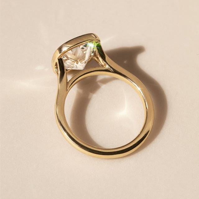 4.63 Carat Elongated Cushion Old Mine Cut Bezel Set Solitaire Ring In Yellow Gold - London