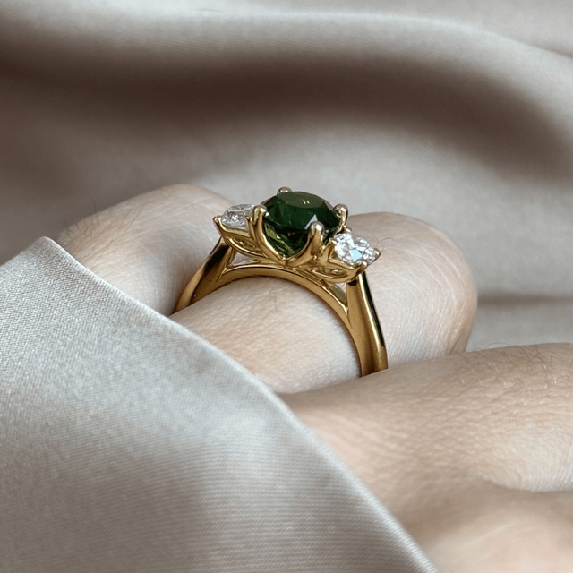 1.85 Carat Round Demantoid Garnet Trilogy Engagement Ring In Yellow Gold - Rohini
