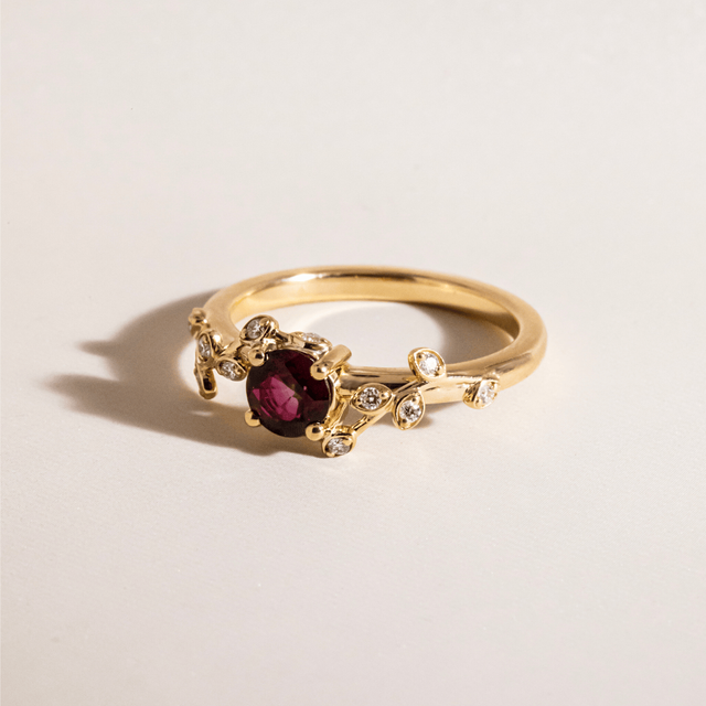 0.67 Carat Round Ruby Floral Engagement Ring In Yellow Gold - Secret Garden