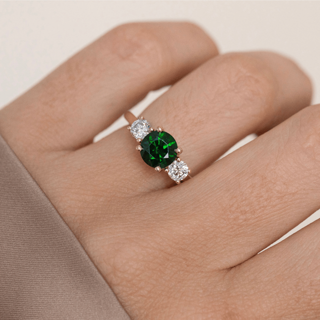 1.85 Carat Round Demantoid Garnet Trilogy Engagement Ring In Yellow Gold - Rohini