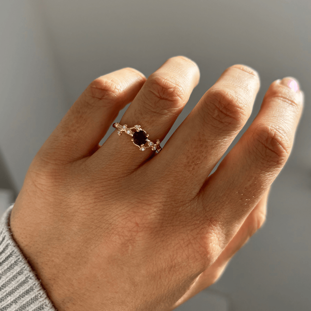 0.67 Carat Round Ruby Floral Engagement Ring In Yellow Gold - Secret Garden