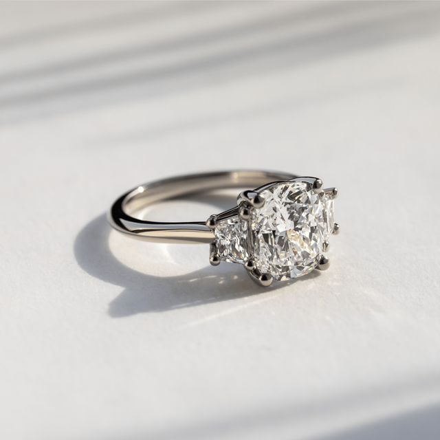 3.00 Carat Lab Grown Cushion Diamond Trilogy Engagement Ring In Platinum - Treya