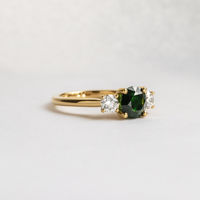 1.85 Carat Round Demantoid Garnet Trilogy Engagement Ring In Yellow Gold - Rohini