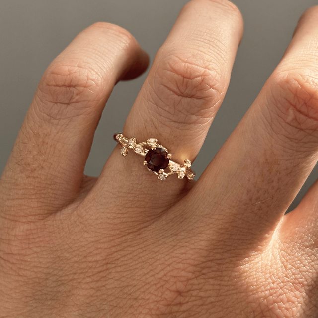 0.67 Carat Round Ruby Floral Engagement Ring In Yellow Gold - Secret Garden