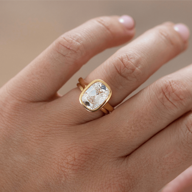 4.63 Carat Elongated Cushion Old Mine Cut Bezel Set Solitaire Ring In Yellow Gold - London