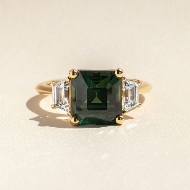 5.52 Carat Asscher-Cut Teal Sapphire Trilogy Engagement Ring In Yellow Gold - Treya