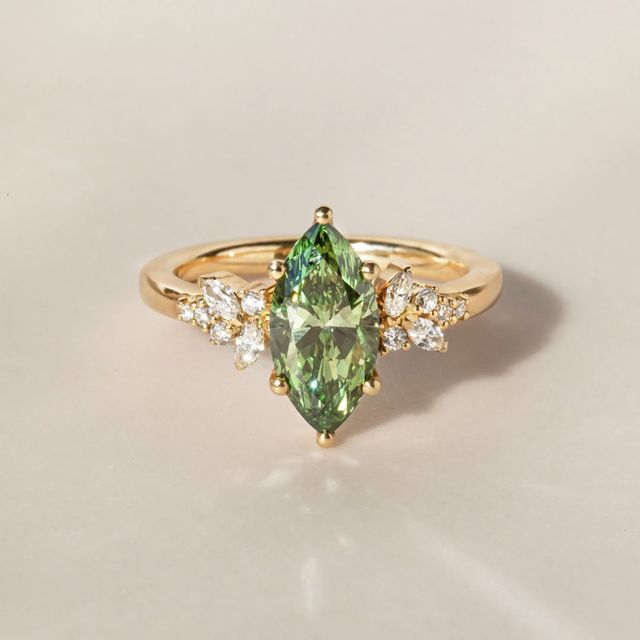 1.54 Carat Marquise Green Diamond Cluster Engagement Ring In Yellow Gold - Sphinx