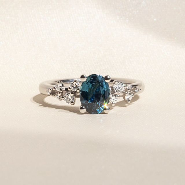 1.36 Carat Oval Teal Sapphire Cluster Engagement Ring In Platinum - Morning Star