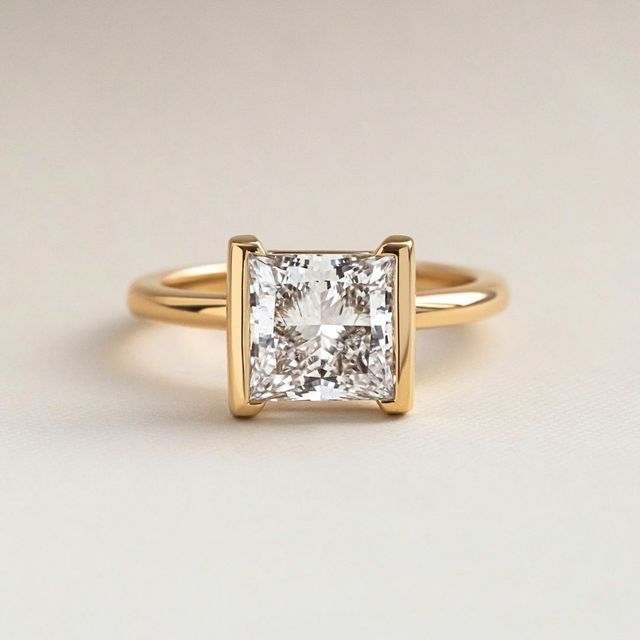 2.50 Carat Lab Grown Princess Diamond Half Bezel Ring In Yellow Gold - Avian