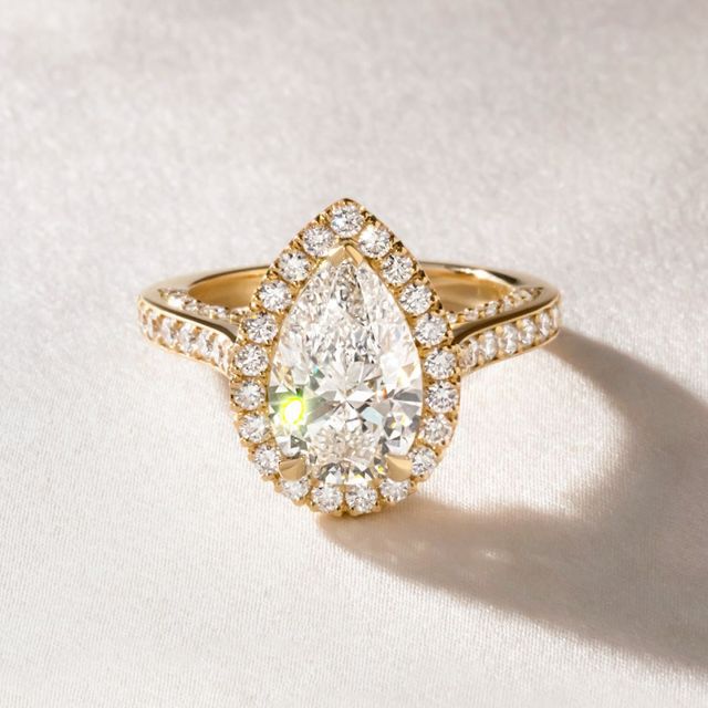 2.70 Carat Lab Grown Pear Diamond Halo Ring In Yellow Gold - Augusta