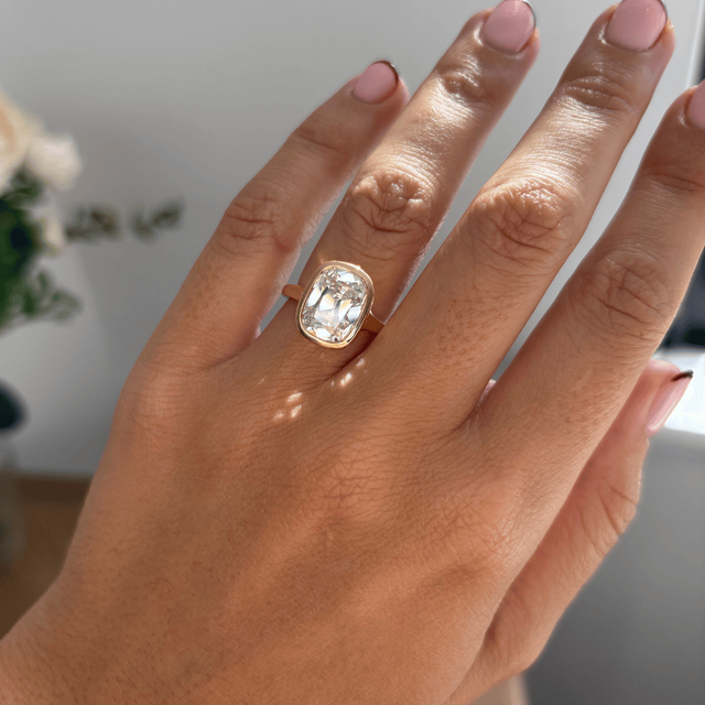 4.63 Carat Elongated Cushion Old Mine Cut Bezel Set Solitaire Ring In Yellow Gold - London
