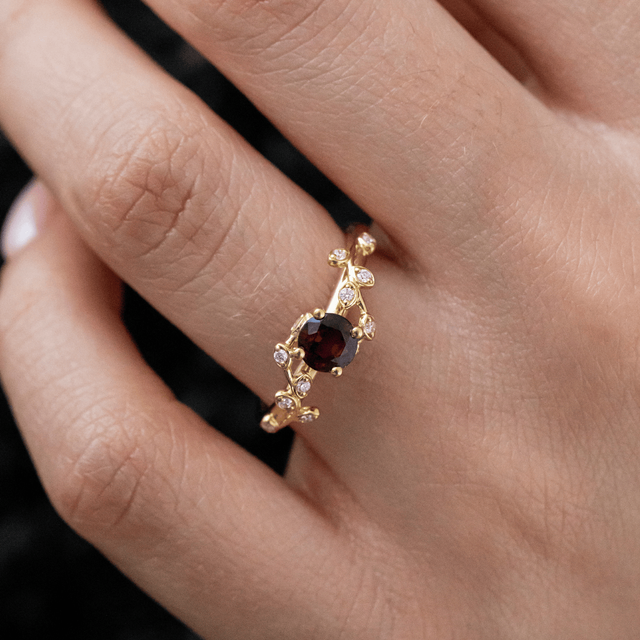 0.67 Carat Round Ruby Floral Engagement Ring In Yellow Gold - Secret Garden