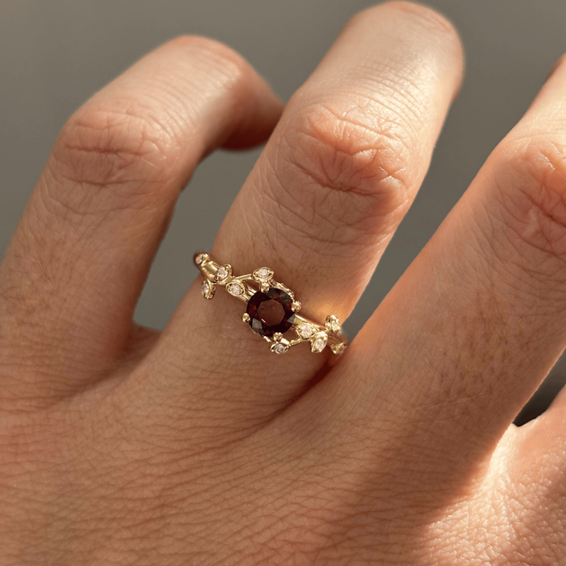 0.67 Carat Round Ruby Floral Engagement Ring In Yellow Gold - Secret Garden