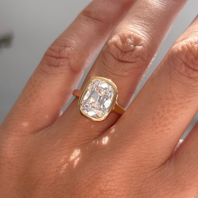 4.63 Carat Elongated Cushion Old Mine Cut Bezel Set Solitaire Ring In Yellow Gold - London