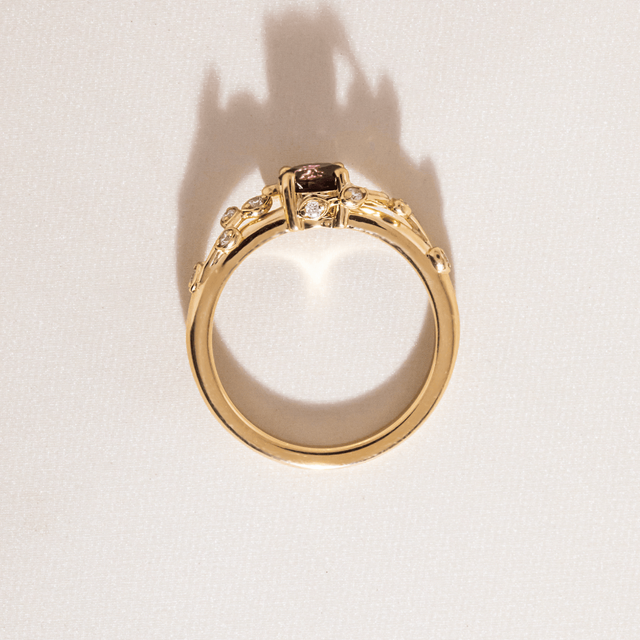 0.67 Carat Round Ruby Floral Engagement Ring In Yellow Gold - Secret Garden