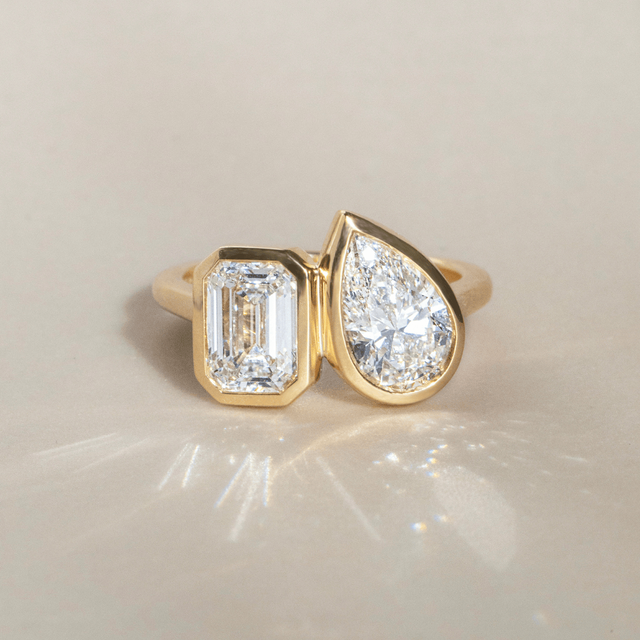 Toi Et Moi Lab Grown Emerald And Pear Diamond Engagement Ring In Yellow Gold