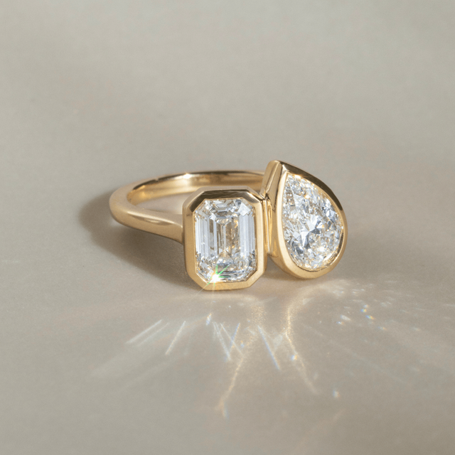Toi Et Moi Lab Grown Emerald And Pear Diamond Engagement Ring In Yellow Gold