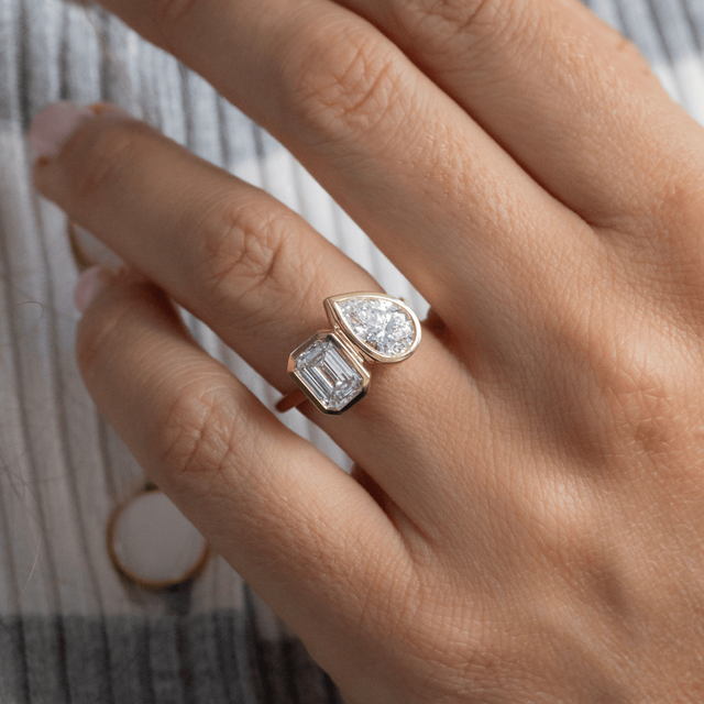 Toi Et Moi Lab Grown Emerald And Pear Diamond Engagement Ring In Yellow Gold