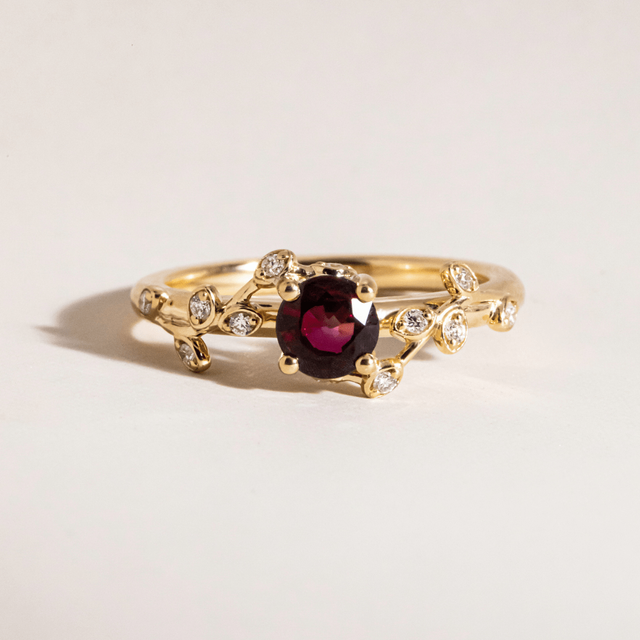 0.67 Carat Round Ruby Floral Engagement Ring In Yellow Gold - Secret Garden