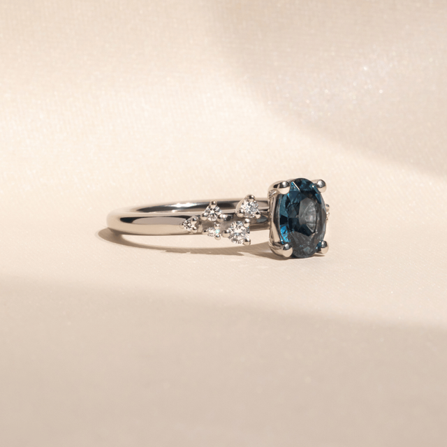 1.36 Carat Oval Teal Sapphire Cluster Engagement Ring In Platinum - Morning Star