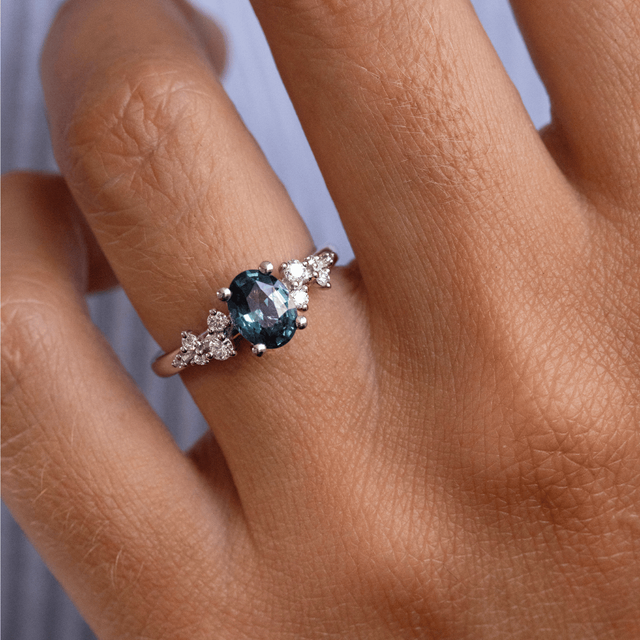 1.36 Carat Oval Teal Sapphire Cluster Engagement Ring In Platinum - Morning Star