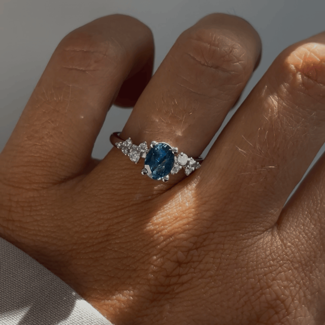 1.36 Carat Oval Teal Sapphire Cluster Engagement Ring In Platinum - Morning Star