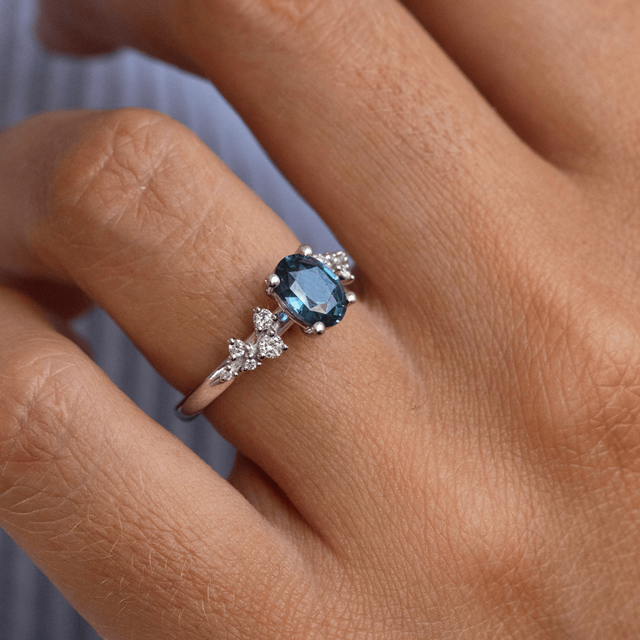 1.36 Carat Oval Teal Sapphire Cluster Engagement Ring In Platinum - Morning Star