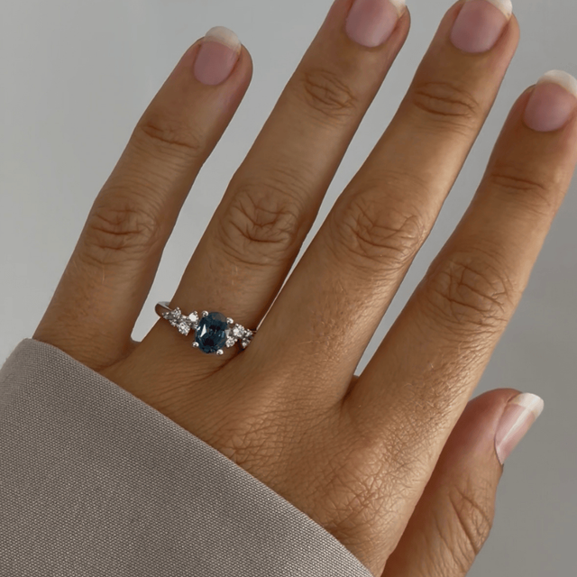 1.36 Carat Oval Teal Sapphire Cluster Engagement Ring In Platinum - Morning Star