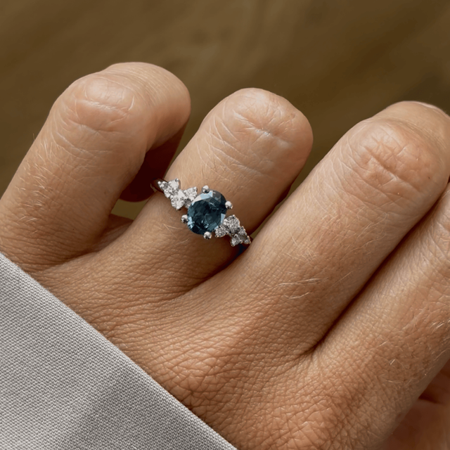 1.36 Carat Oval Teal Sapphire Cluster Engagement Ring In Platinum - Morning Star