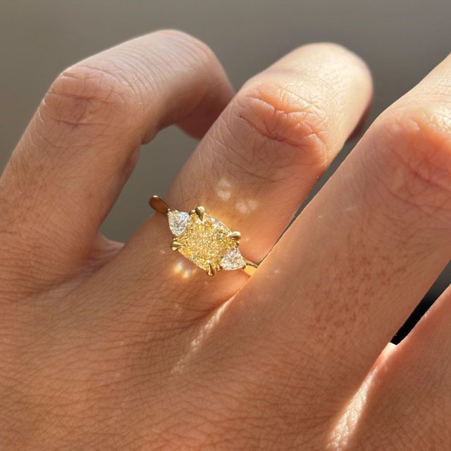 1.50 Carat Cushion Yellow Diamond Trilogy Yellow Gold Engagement Ring - Manilla