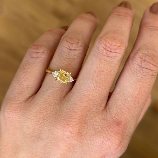 1.50 Carat Cushion Yellow Diamond Trilogy Yellow Gold Engagement Ring - Manilla