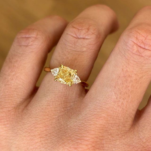 1.50 Carat Cushion Yellow Diamond Trilogy Yellow Gold Engagement Ring - Manilla