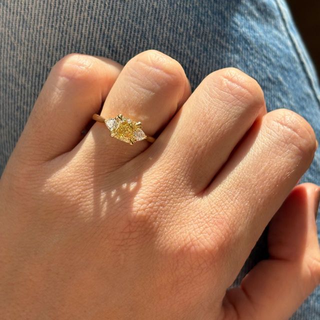 1.50 Carat Cushion Yellow Diamond Trilogy Yellow Gold Engagement Ring - Manilla